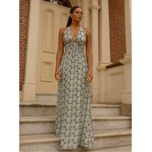 Lotty B. Mustique Blue Shell Print Halter Maxi Dress 100% Silk Small Resortwear